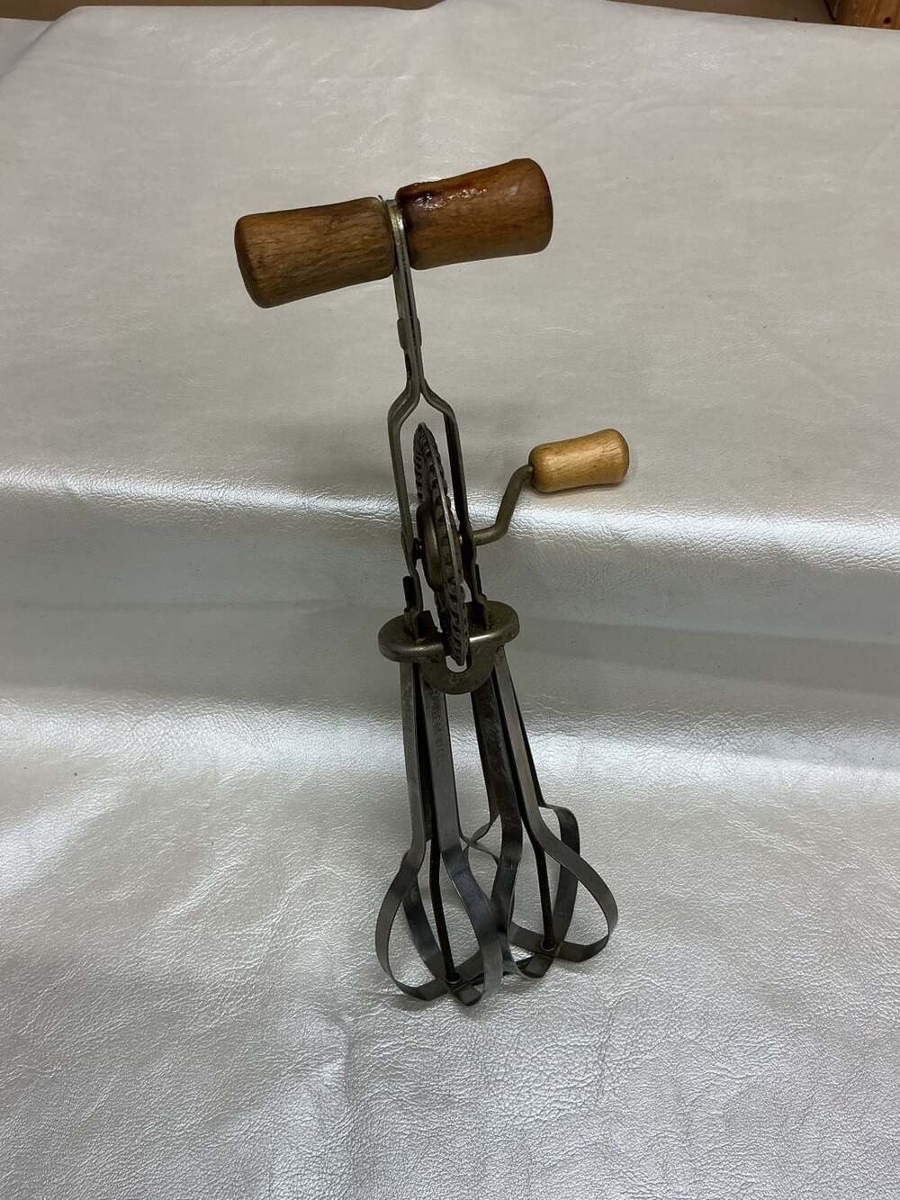 Vintage Stainless Steel Hand Crank Egg Beater Mixer with Wooden Handles